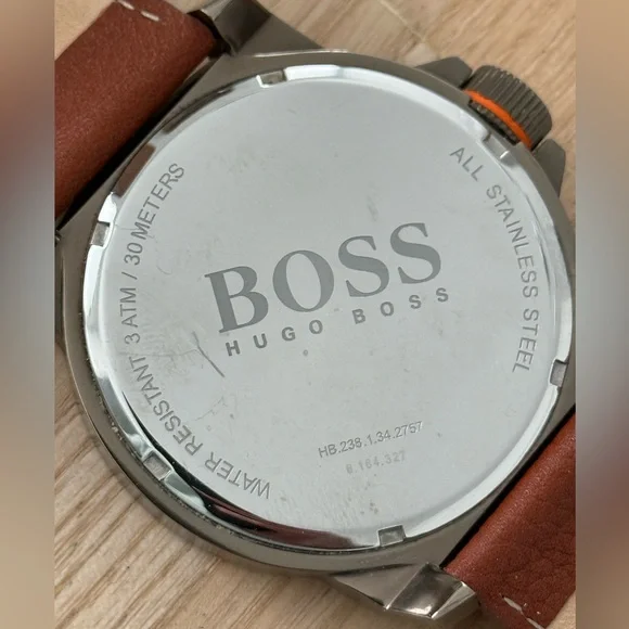 Hugo Boss Luxury Men’s Watch Black Dial Tan Leather Strap Luminous Markers